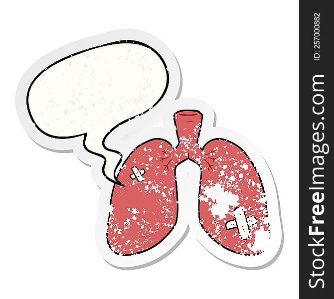 cartoon repaired lungs with speech bubble distressed distressed old sticker. cartoon repaired lungs with speech bubble distressed distressed old sticker