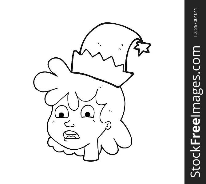 freehand drawn black and white cartoon stressed woman wearing santa hat. freehand drawn black and white cartoon stressed woman wearing santa hat