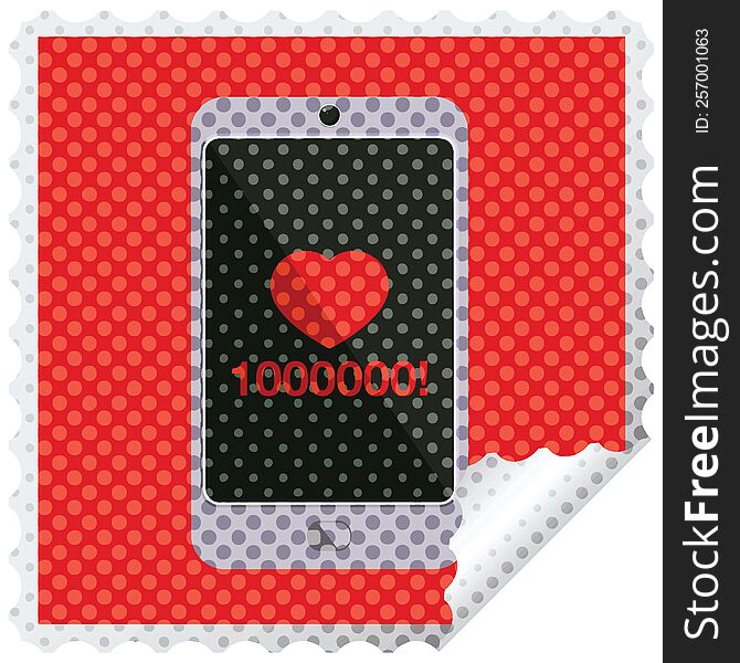 mobile phone showing 1000000 likes graphic square sticker stamp. mobile phone showing 1000000 likes graphic square sticker stamp