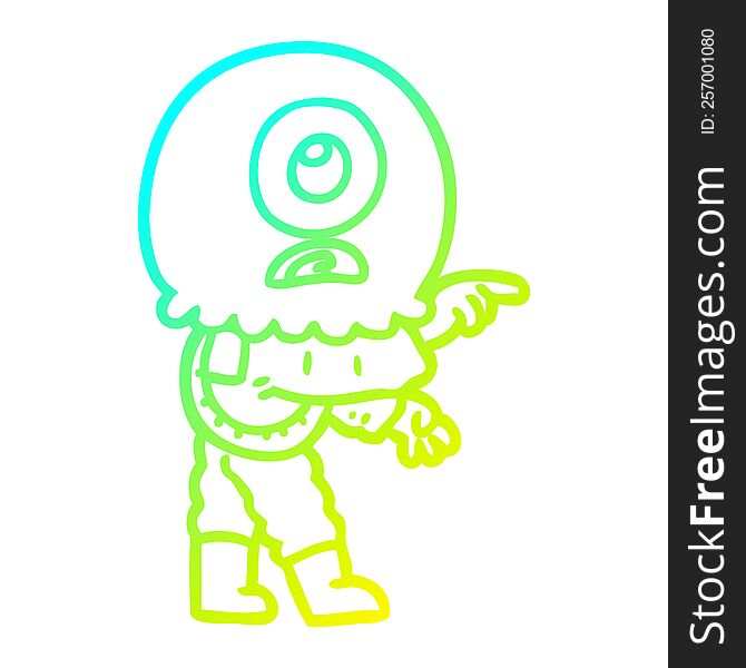 Cold Gradient Line Drawing Cartoon Cyclops Alien Spaceman Pointing