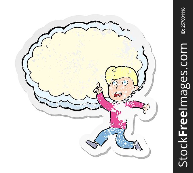 retro distressed sticker of a cartoon running boy and cloud