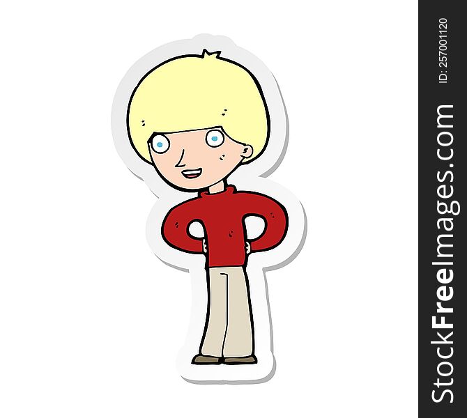 sticker of a cartoon happy boy with hands on hips