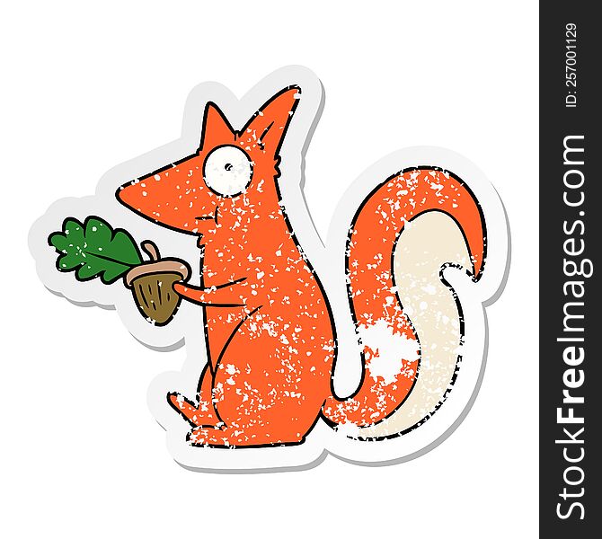 distressed sticker of a cartoon squirrel with acorn