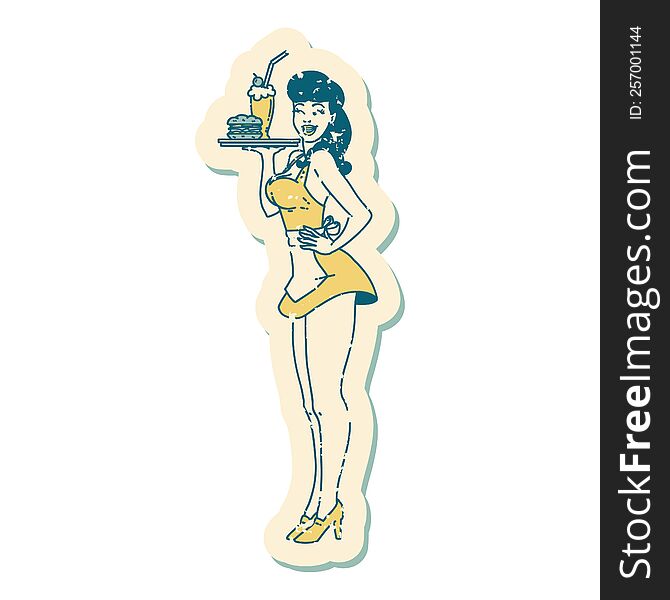 distressed sticker tattoo style icon of a pinup waitress girl