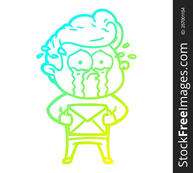 cold gradient line drawing of a cartoon crying man receiving letter