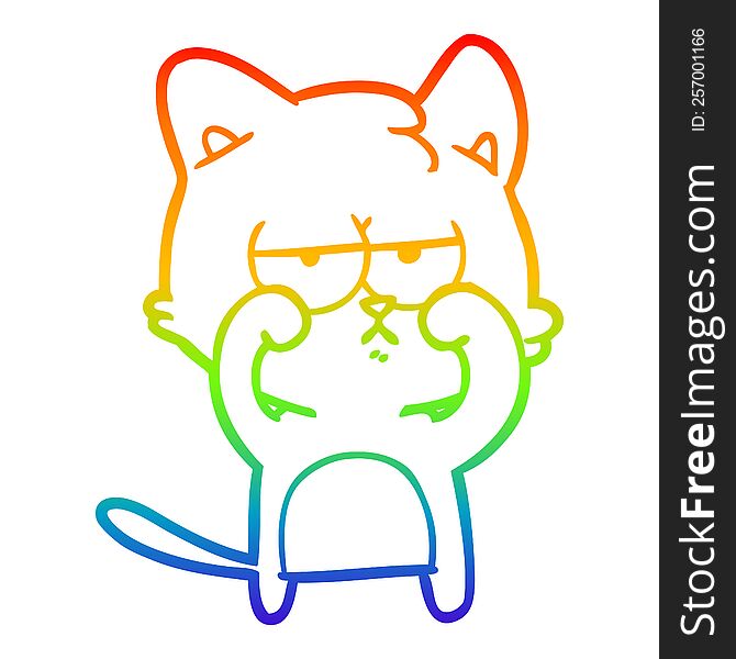 Rainbow Gradient Line Drawing Tired Cartoon Cat Rubbing Eyes