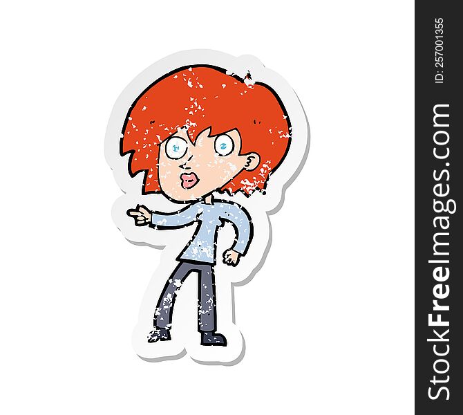 Retro Distressed Sticker Of A Cartoon Surprised Woman Pointing