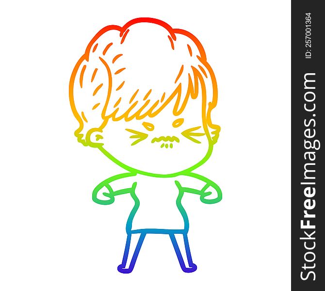 rainbow gradient line drawing of a cartoon frustrated woman
