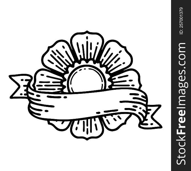 Black Line Tattoo Of A Flower And Banner