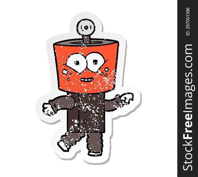 Distressed Sticker Of A Happy Cartoon Robot Pointing