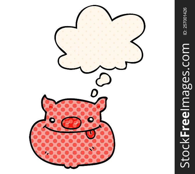 cartoon happy pig face with thought bubble in comic book style