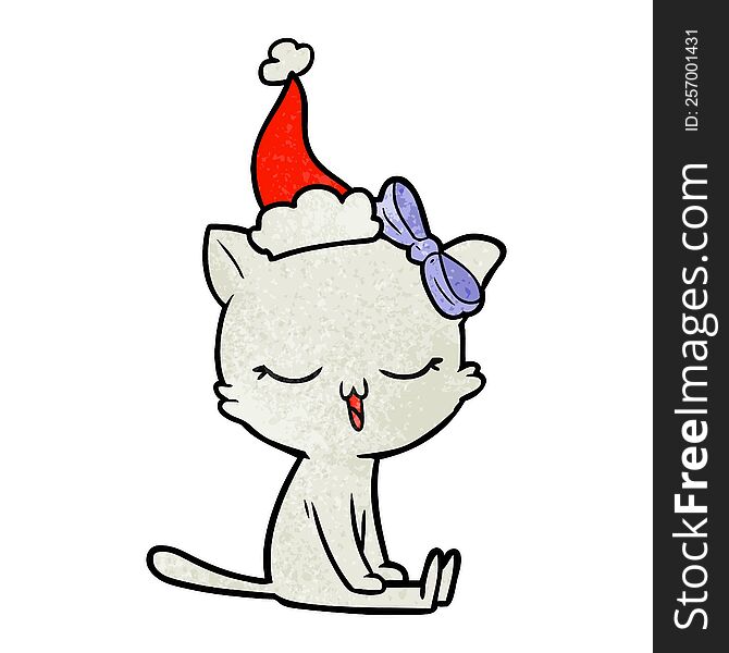 hand drawn textured cartoon of a cat with bow on head wearing santa hat