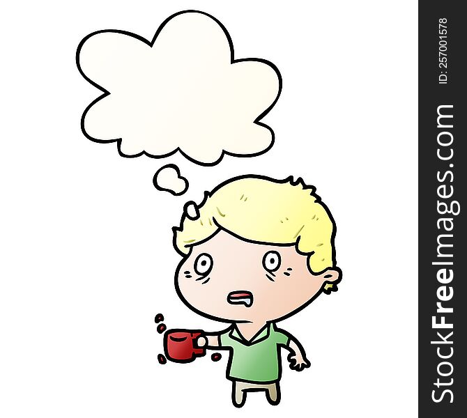 cartoon man with cup of coffee with thought bubble in smooth gradient style