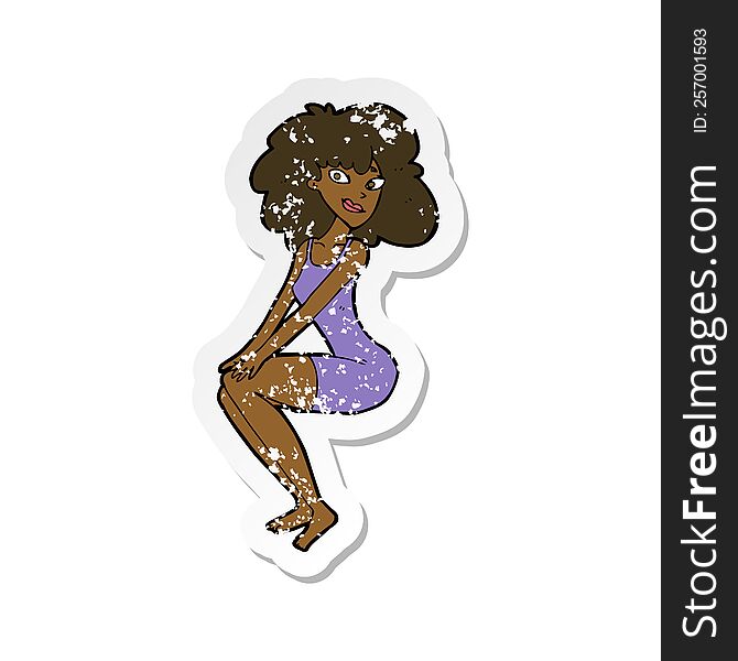 Retro Distressed Sticker Of A Cartoon Sitting Woman In Dress
