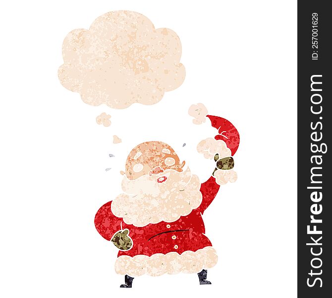 cartoon santa claus waving hat and thought bubble in retro textured style