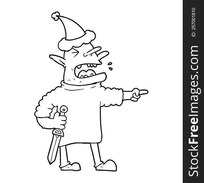 hand drawn line drawing of a goblin with knife wearing santa hat