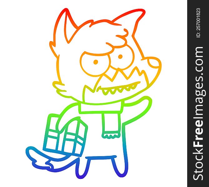 Rainbow Gradient Line Drawing Cartoon Grinning Fox With Christmas Present