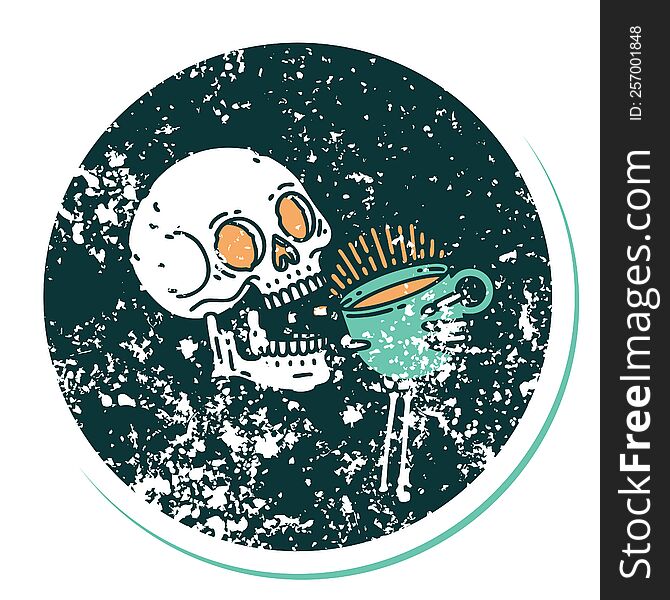 iconic distressed sticker tattoo style image of a skull drinking coffee. iconic distressed sticker tattoo style image of a skull drinking coffee