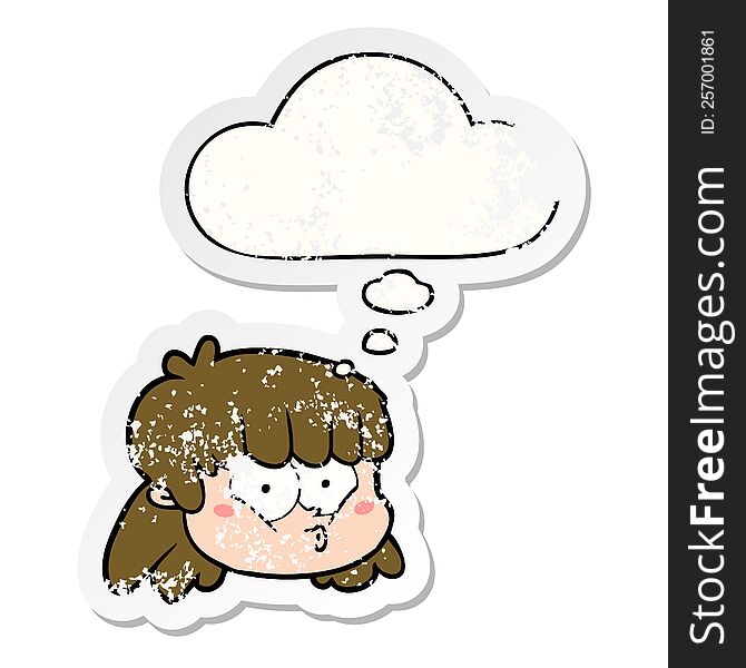 cartoon female face with thought bubble as a distressed worn sticker