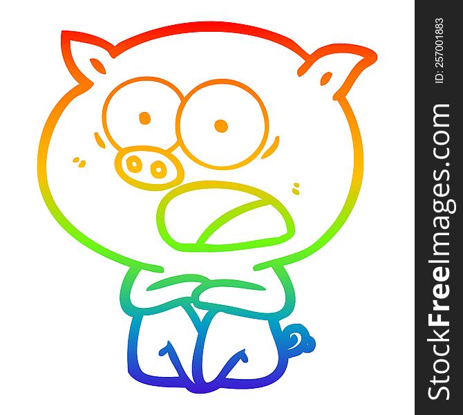 Rainbow Gradient Line Drawing Shocked Cartoon Pig Sitting Down