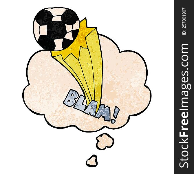 Cartoon Kicked Soccer Ball And Thought Bubble In Grunge Texture Pattern Style