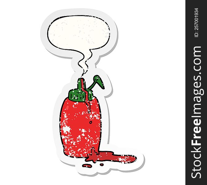 cartoon tomato ketchup bottle with speech bubble distressed distressed old sticker. cartoon tomato ketchup bottle with speech bubble distressed distressed old sticker