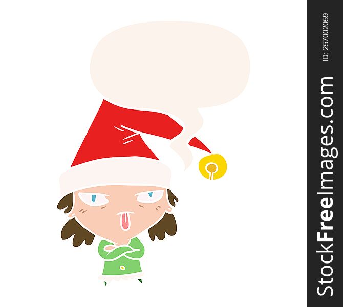 cartoon girl wearing christmas hat with speech bubble in retro style