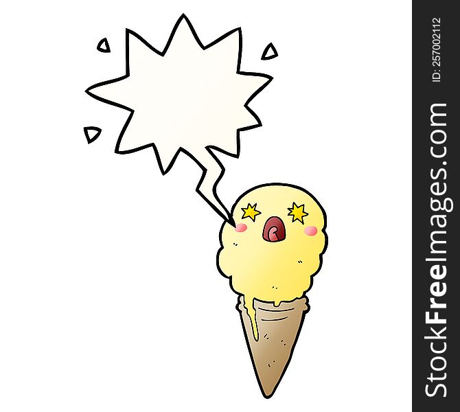 Cartoon Shocked Ice Cream And Speech Bubble In Smooth Gradient Style