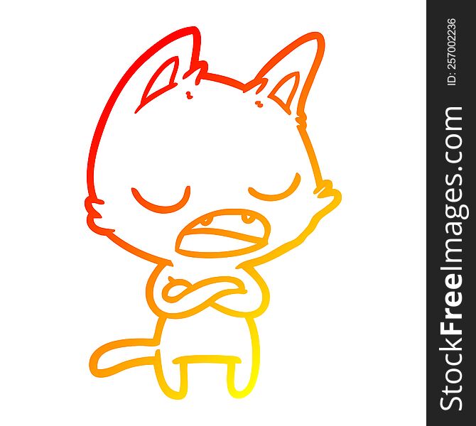 warm gradient line drawing of a talking cat with crossed arms