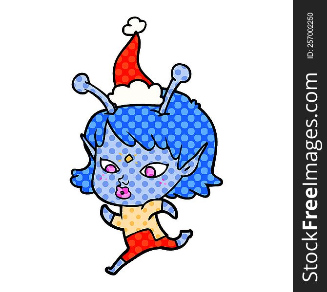 pretty comic book style illustration of a alien girl running wearing santa hat