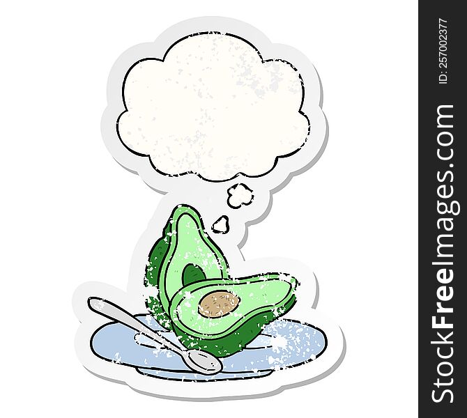 cartoon avocado with thought bubble as a distressed worn sticker