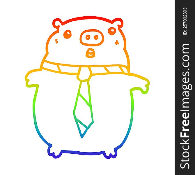 Rainbow Gradient Line Drawing Cartoon Pig Wearing Office Tie