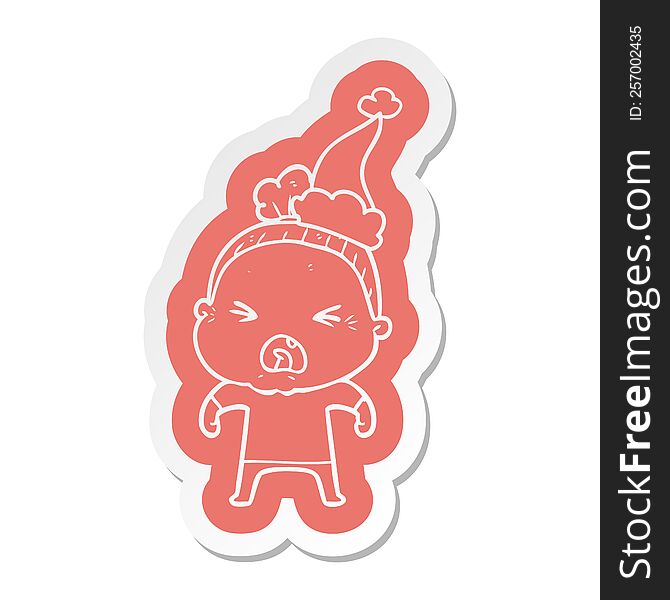 Cartoon  Sticker Of A Angry Old Woman Wearing Santa Hat