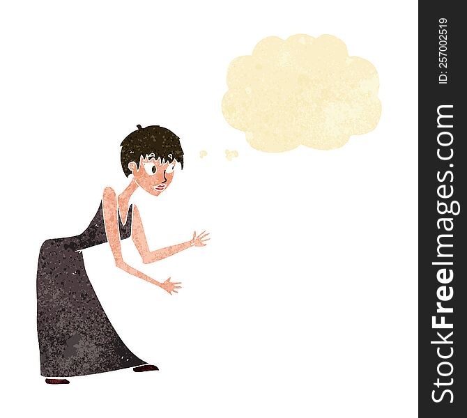 Cartoon Woman In Dress Gesturing With Thought Bubble