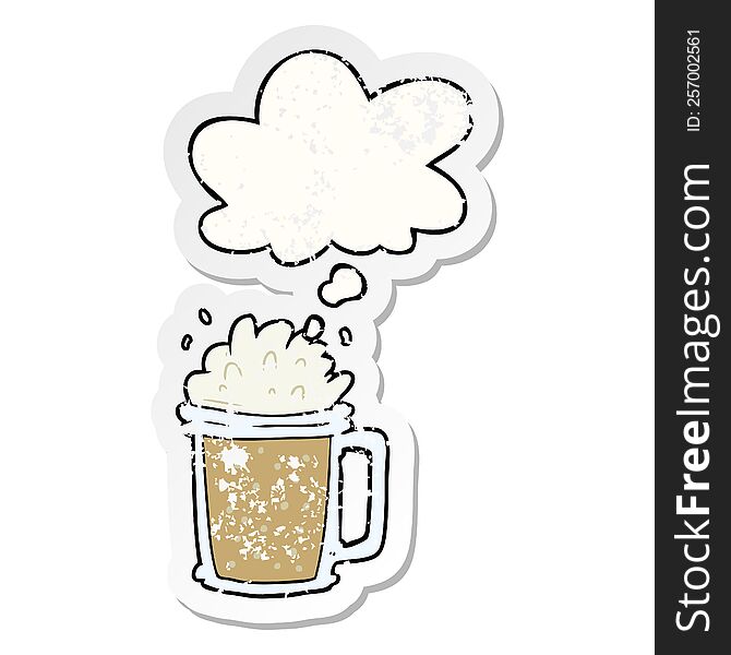 cartoon beer with thought bubble as a distressed worn sticker