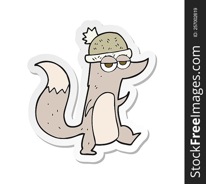 Sticker Of A Cartoon Little Wolf Wearing Hat