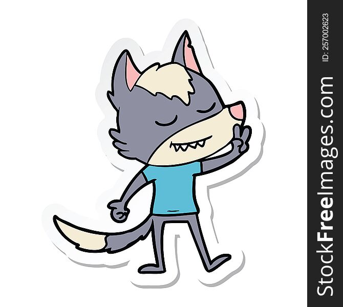 sticker of a friendly cartoon wolf making peace sign