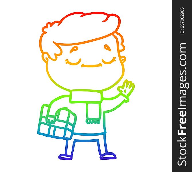 rainbow gradient line drawing of a cartoon man carrying christmas present waving