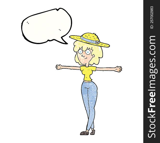 freehand speech bubble textured cartoon woman spreading arms