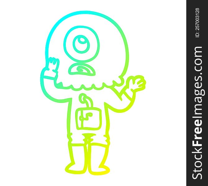 cold gradient line drawing of a worried cartoon cyclops alien spaceman