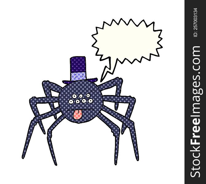 freehand drawn comic book speech bubble cartoon halloween spider in top hat