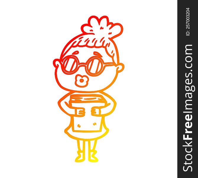 Warm Gradient Line Drawing Cartoon Woman With Book Wearing Spectacles