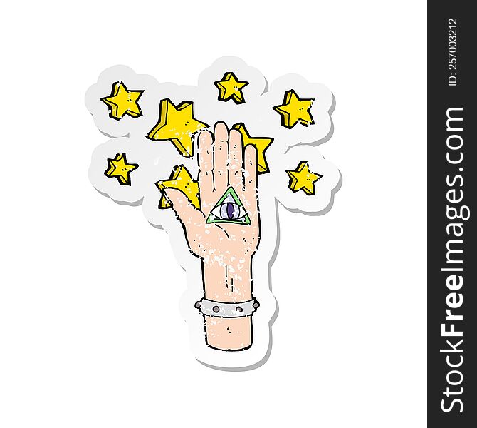 Retro Distressed Sticker Of A Cartoon Mystic Eye Hand Symbol