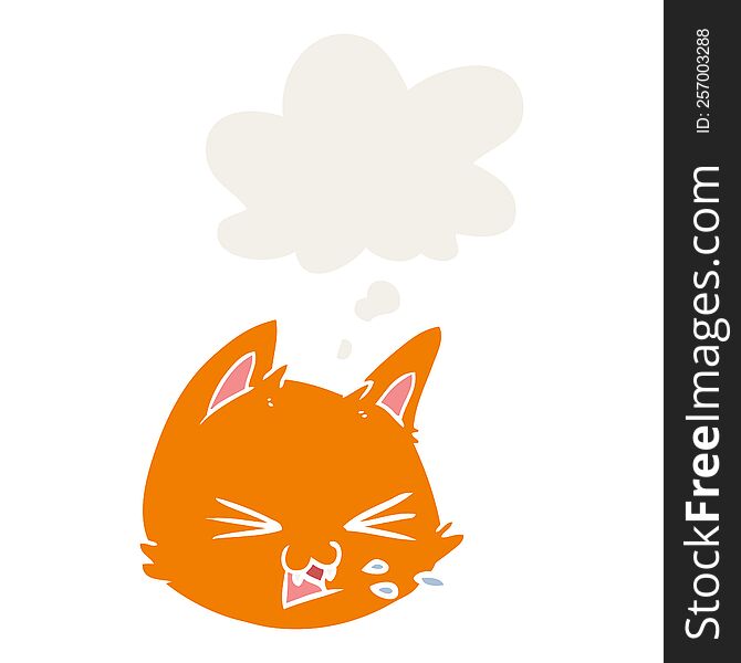 spitting cartoon cat face with thought bubble in retro style