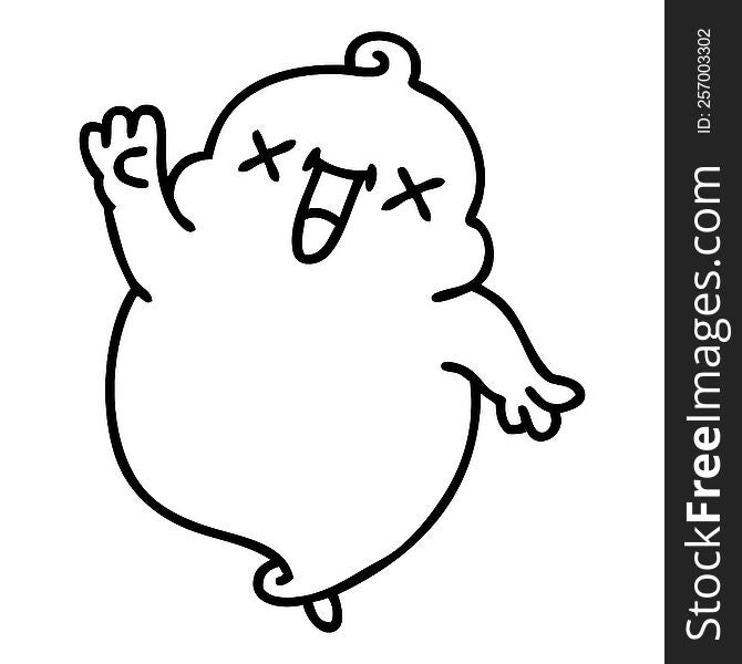 line doodle of a cute halloween ghost waving