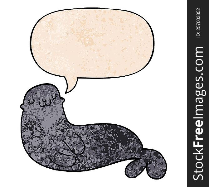 cute cartoon seal with speech bubble in retro texture style