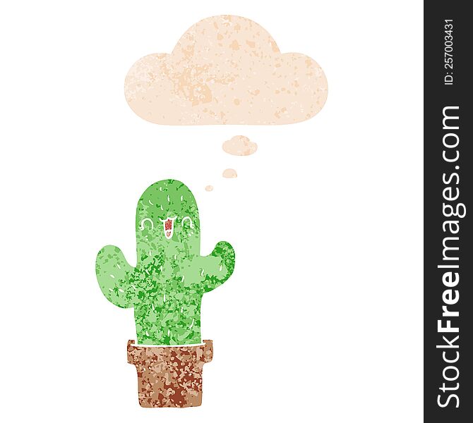 Cartoon Cactus And Thought Bubble In Retro Textured Style