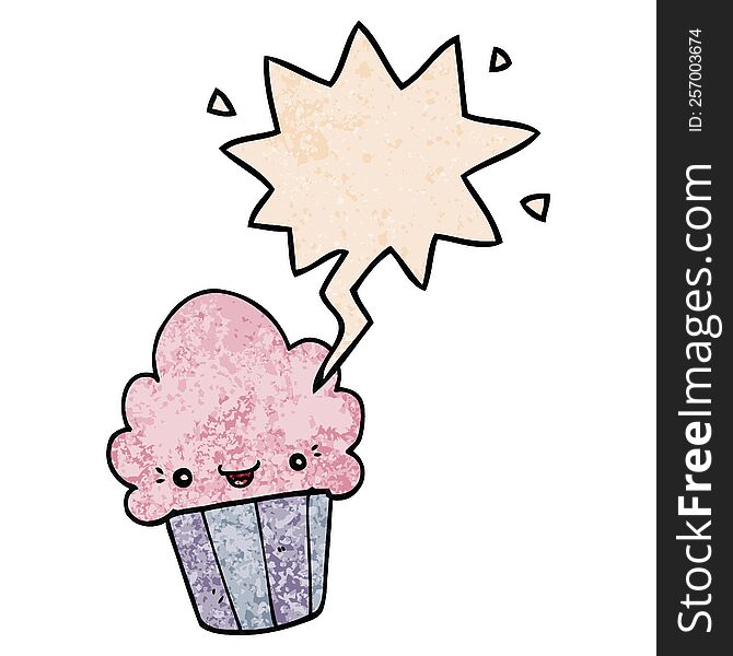 cartoon cupcake and face and speech bubble in retro texture style