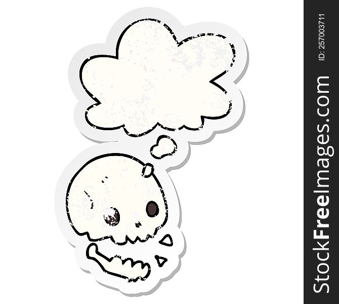 Cartoon Spooky Skull And Thought Bubble As A Distressed Worn Sticker