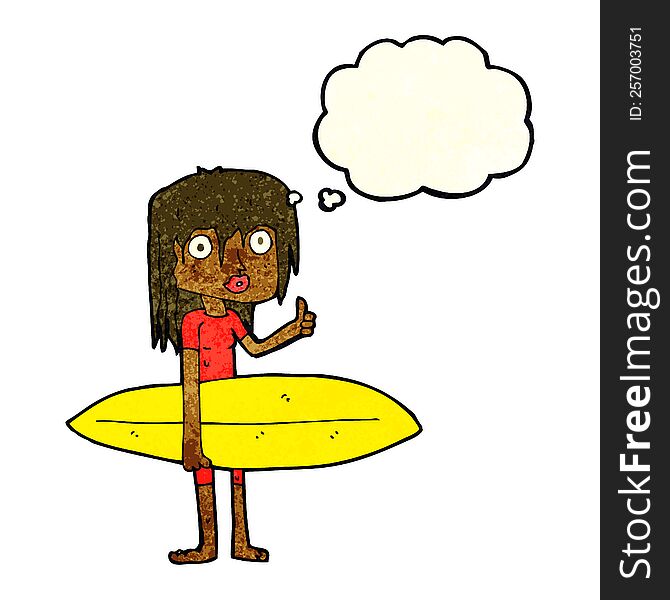 cartoon surfer girl with thought bubble